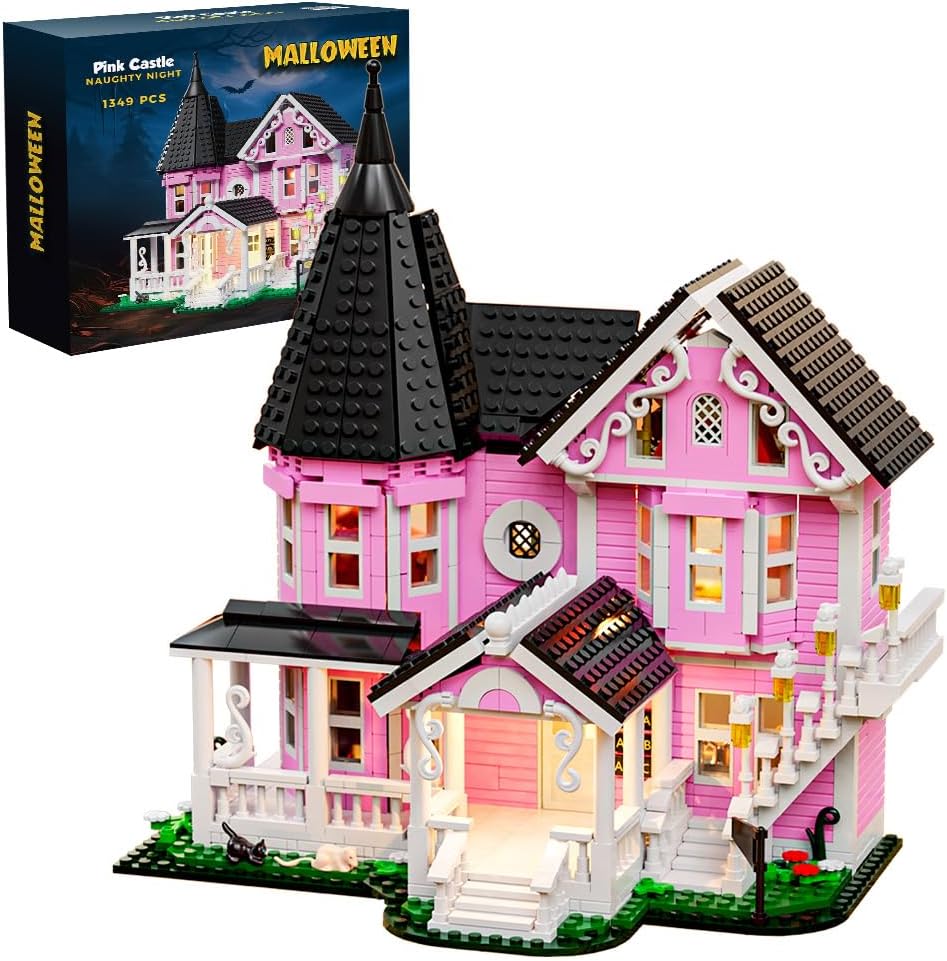 Mesiondy Enchanted Pink Victorian Manor Building Kit – 1349 PCS Premium Brick System | LED Light-Up Gothic Dollhouse | Halloween Display Collectible