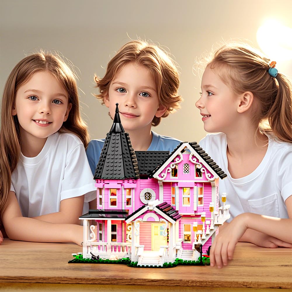 Mesiondy Enchanted Pink Victorian Manor Building Kit – 1349 PCS Premium Brick System | LED Light-Up Gothic Dollhouse | Halloween Display Collectible - Image 5