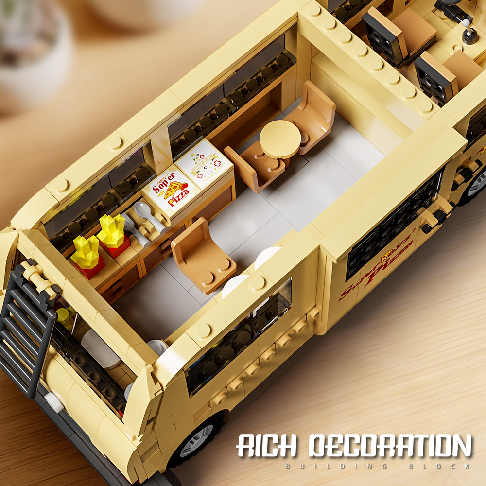 Mesiondy Retro Pizza Delivery Van Building Kit – 634 PCS Premium Brick System | 80s Food Truck Model | Removable Rooftop Sign & Interior Kitchen Detail - Image 9
