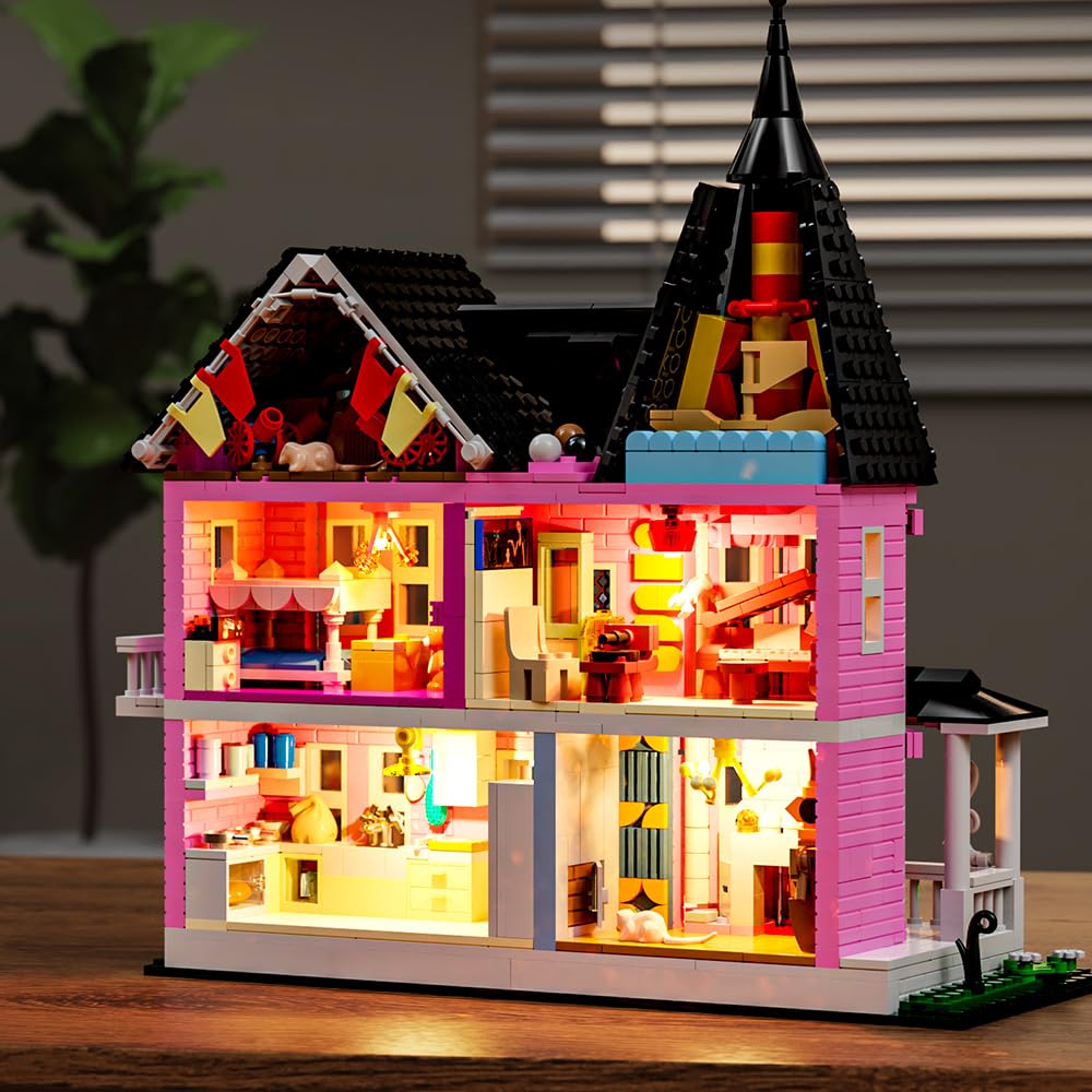 Mesiondy Enchanted Pink Victorian Manor Building Kit – 1349 PCS Premium Brick System | LED Light-Up Gothic Dollhouse | Halloween Display Collectible - Image 3