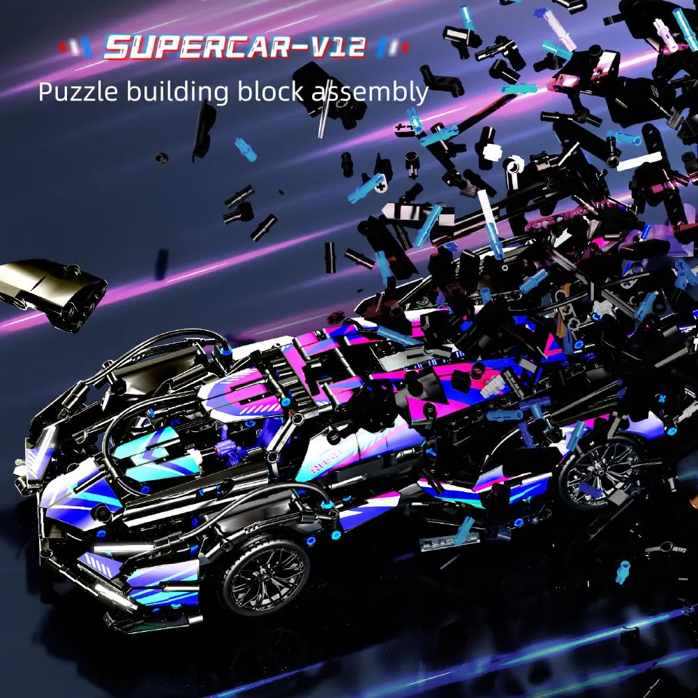 Mesiondy Cyberpunk V12 Hypercar Building Kit – 1039 PCS Premium Brick System | Italian Supercar Technic Model | Scissor Door & Active Wing Detail - Image 4