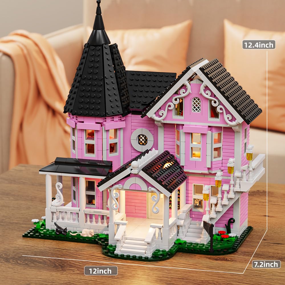 Mesiondy Enchanted Pink Victorian Manor Building Kit – 1349 PCS Premium Brick System | LED Light-Up Gothic Dollhouse | Halloween Display Collectible - Image 2